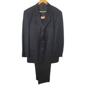 Zagato Men's 2 Piece Wool Suit 42R (44) 34x29 Jacket Pants Navy Blue Cuffed‎ EUC